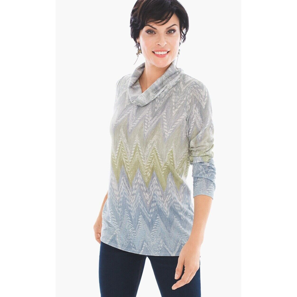 Chico's Gray Luxe Chevron Print Cowl Neck‎ Long Sleeve Casual Top Womens Sz 1 MD